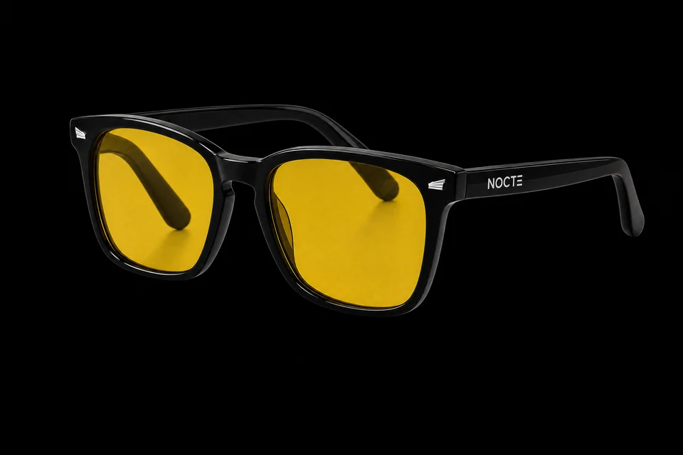 Lentes NOCTE amarillos, montura negra y detalles plateados sobre fondo negro.