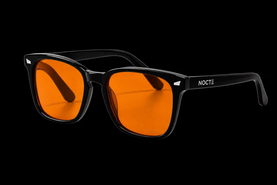 Lentes NOCTE naranjas, montura negra y detalles plateados sobre fondo negro.