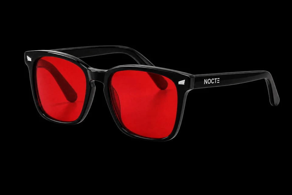 Lentes NOCTE rojos, montura negra y detalles plateados sobre fondo negro.